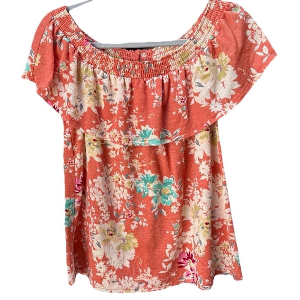 LC Lauren Conrad Orange Floral Smocked Shirt Womens Ruffle Off-Shoulder Size L